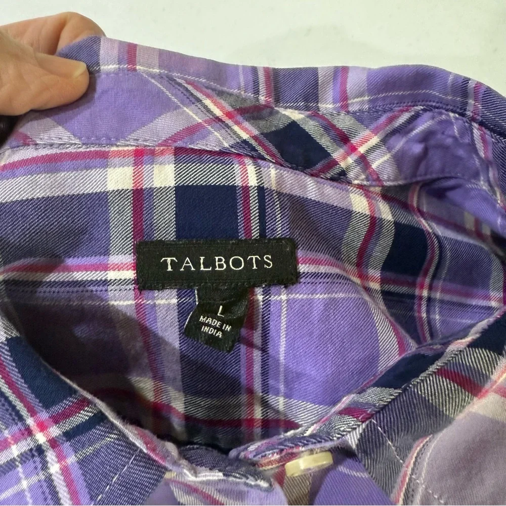 Talbots Plaid Button Up Shirt Purple Navy Cotton Long Sleeve Women’s Size L - Picture 8 of 11